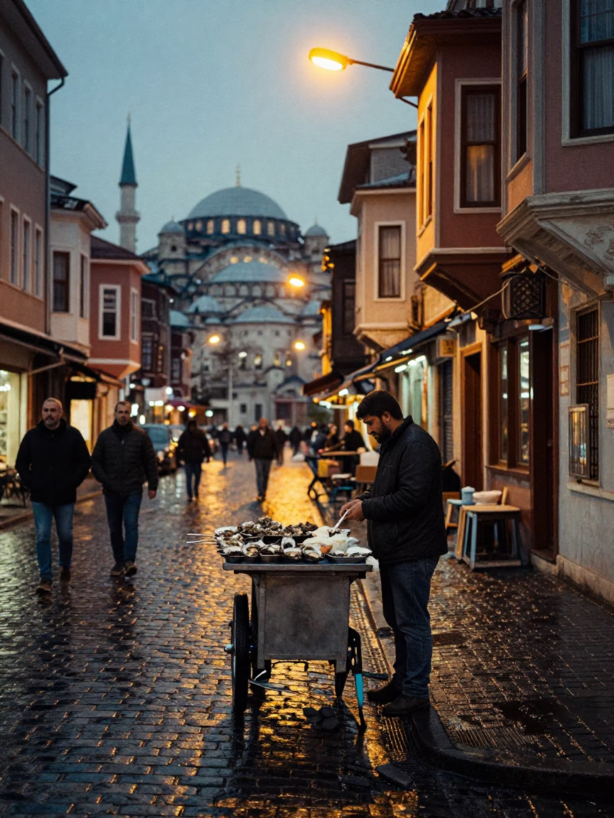 Istanbul Street Scene Before Dawn with Vendor, Oysters, and Traditional Architecture in in Istanbul, Turkey