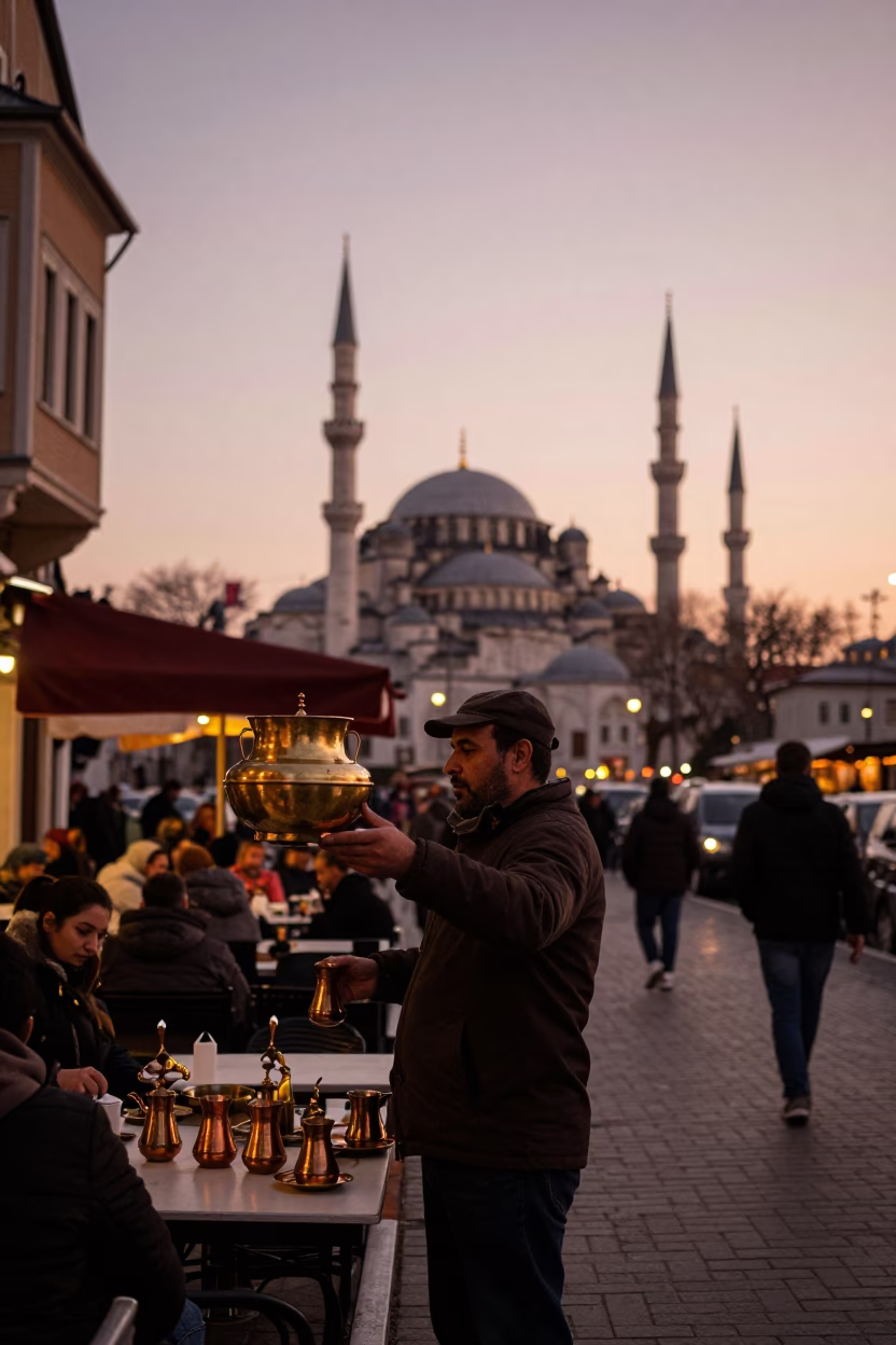 Istanbul Street Scene Before Dusk with Tea Strainer and Wooden Ladder in Copper Light in in Istanbul, Turkey