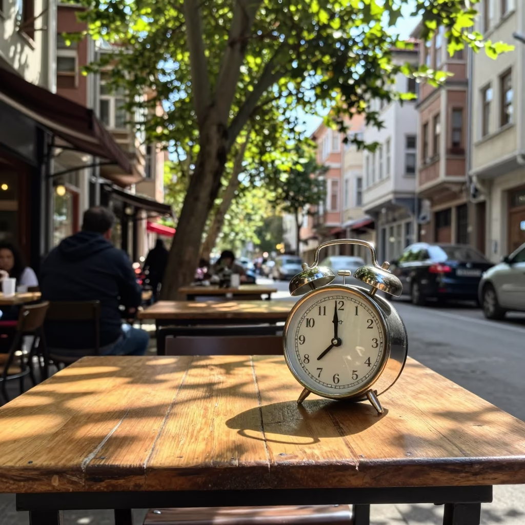 Istanbul Street Scene Early Afternoon with Vintage Alarm Clock on Wooden Table in in Istanbul, Turkey