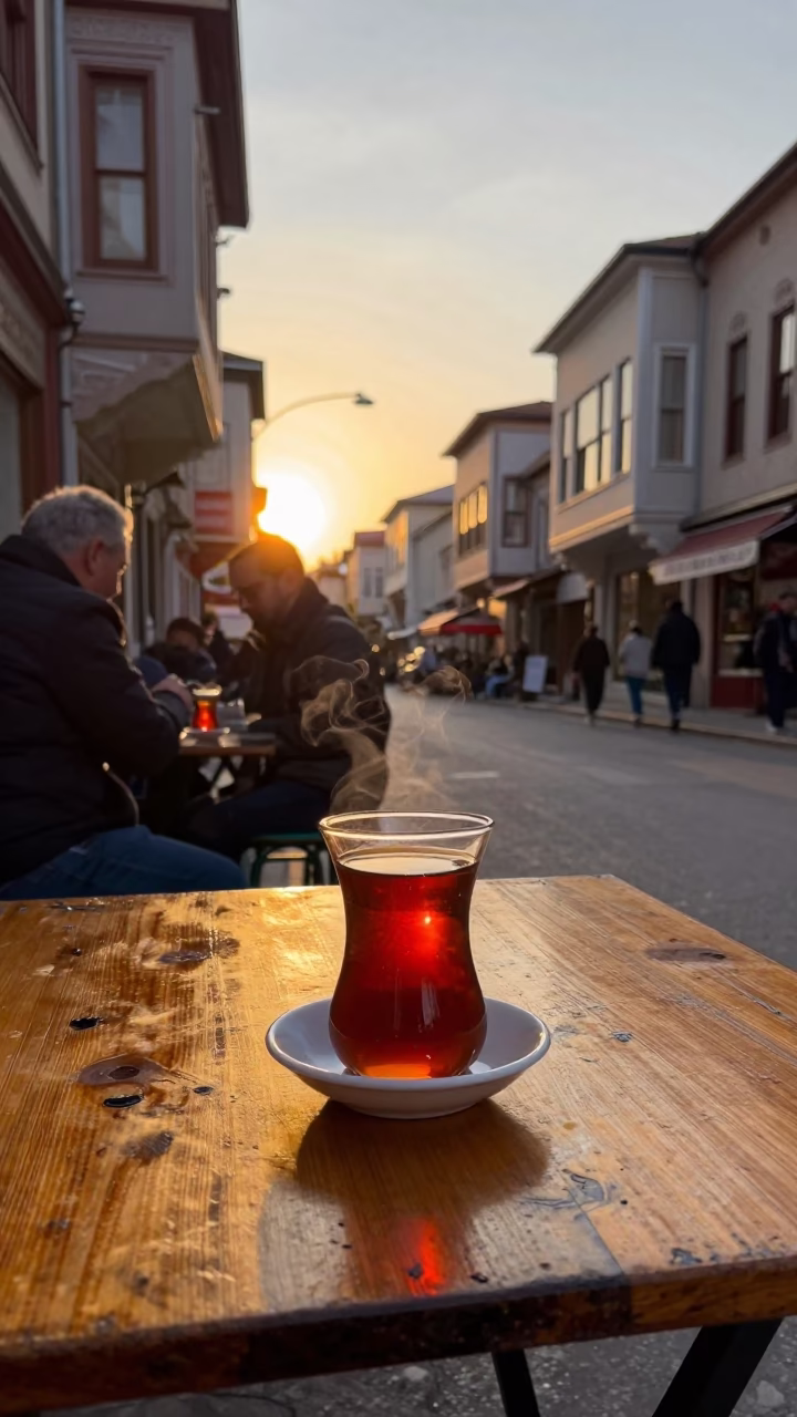 Istanbul Street Scene Honeyed Evening Light Traditional Tea and Kefta Kebab in in Istanbul, Turkey