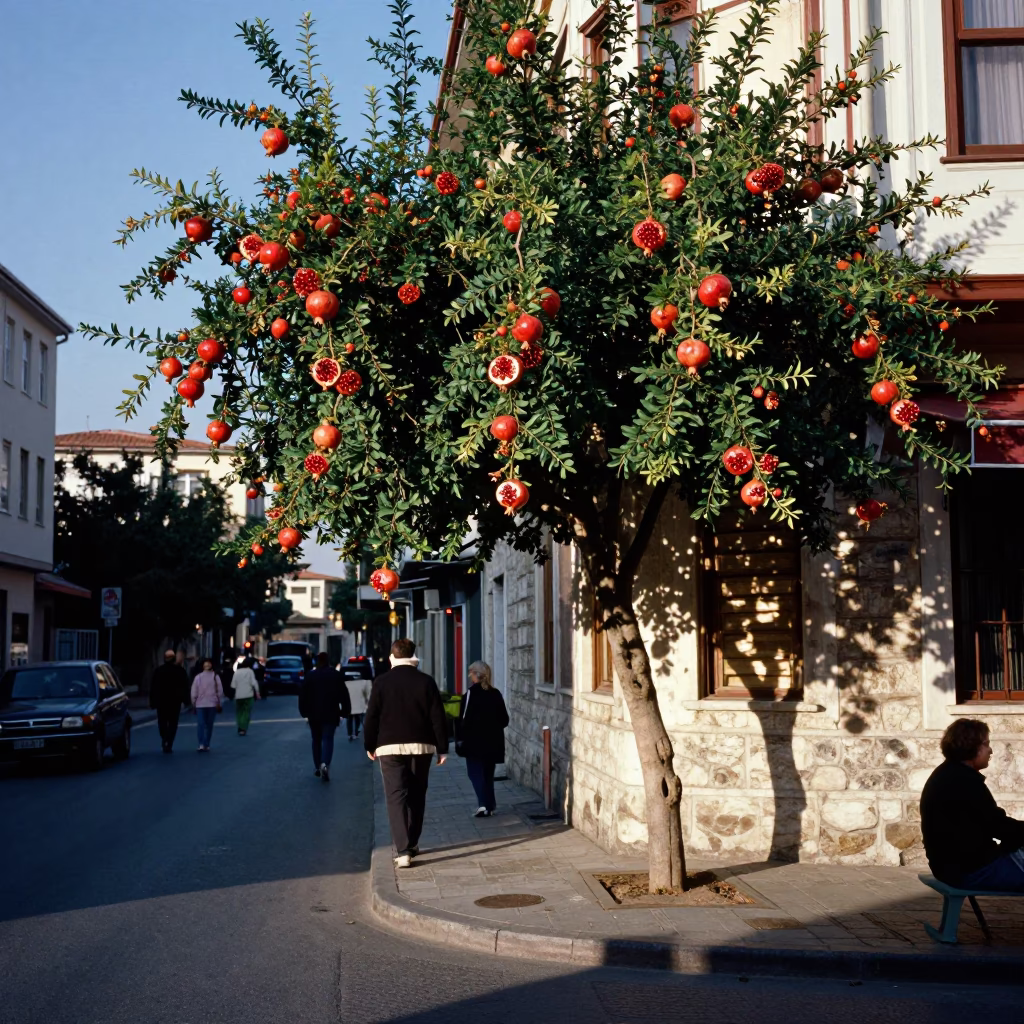 Istanbul Street Scene Late Afternoon Light Pomegranate Tree and Local Market Vendor in in Istanbul, Turkey
