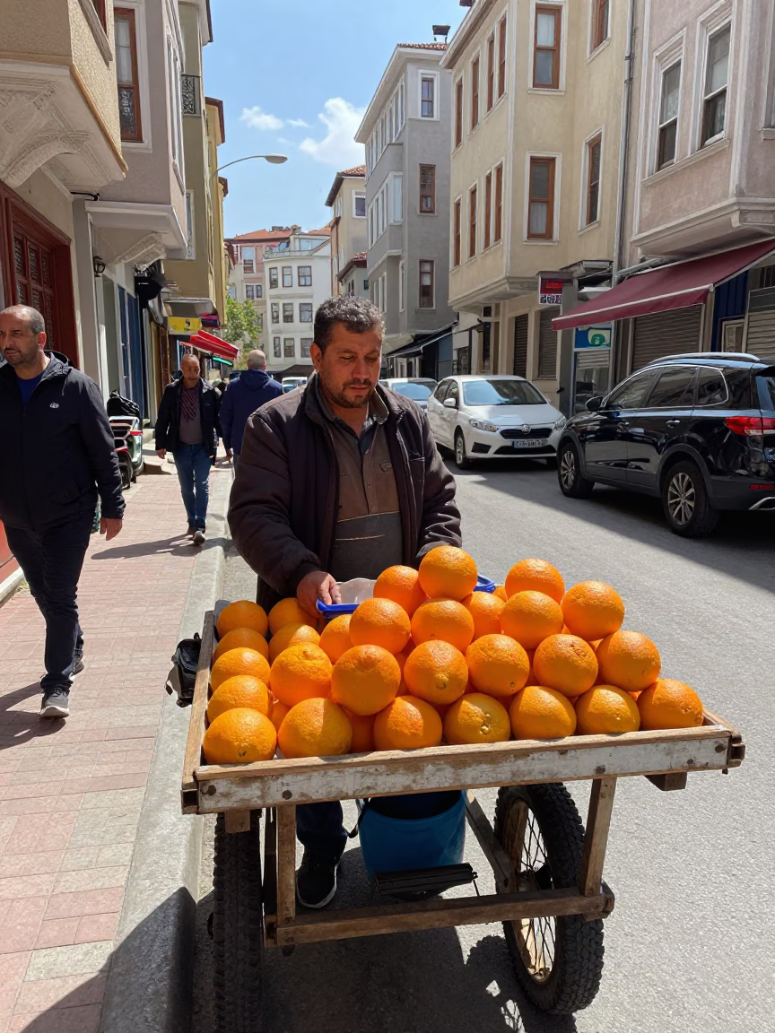 Istanbul Street Scene Under Flat Noon Light with Oranges and Crowbar in in Istanbul, Turkey