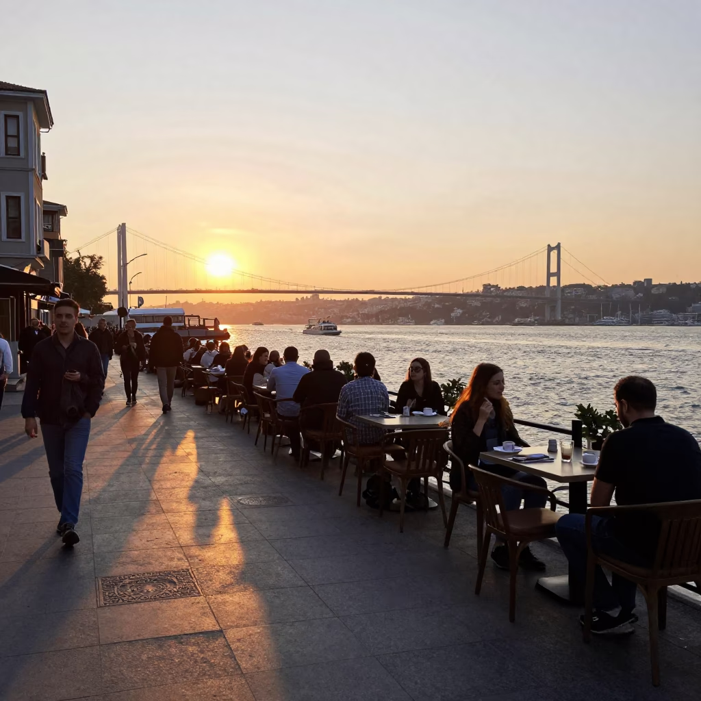 Istanbul Street Scene with Bosphorus Viaduct and Traditional Turkish Eggplant Dish in in Istanbul, Turkey