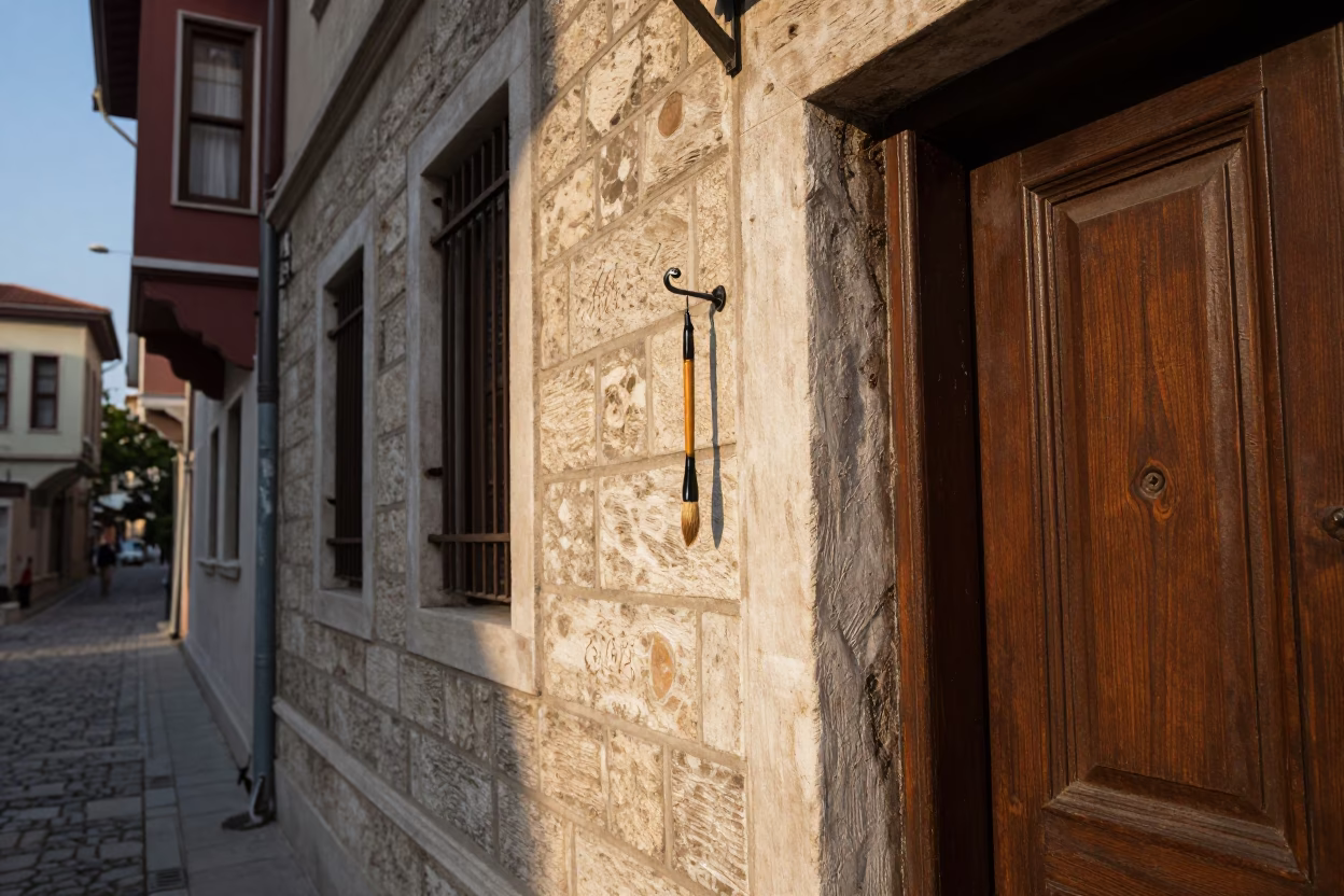 Istanbul street scene with calligraphy brush and wall hook in clear late-afternoon light in in Istanbul, Turkey