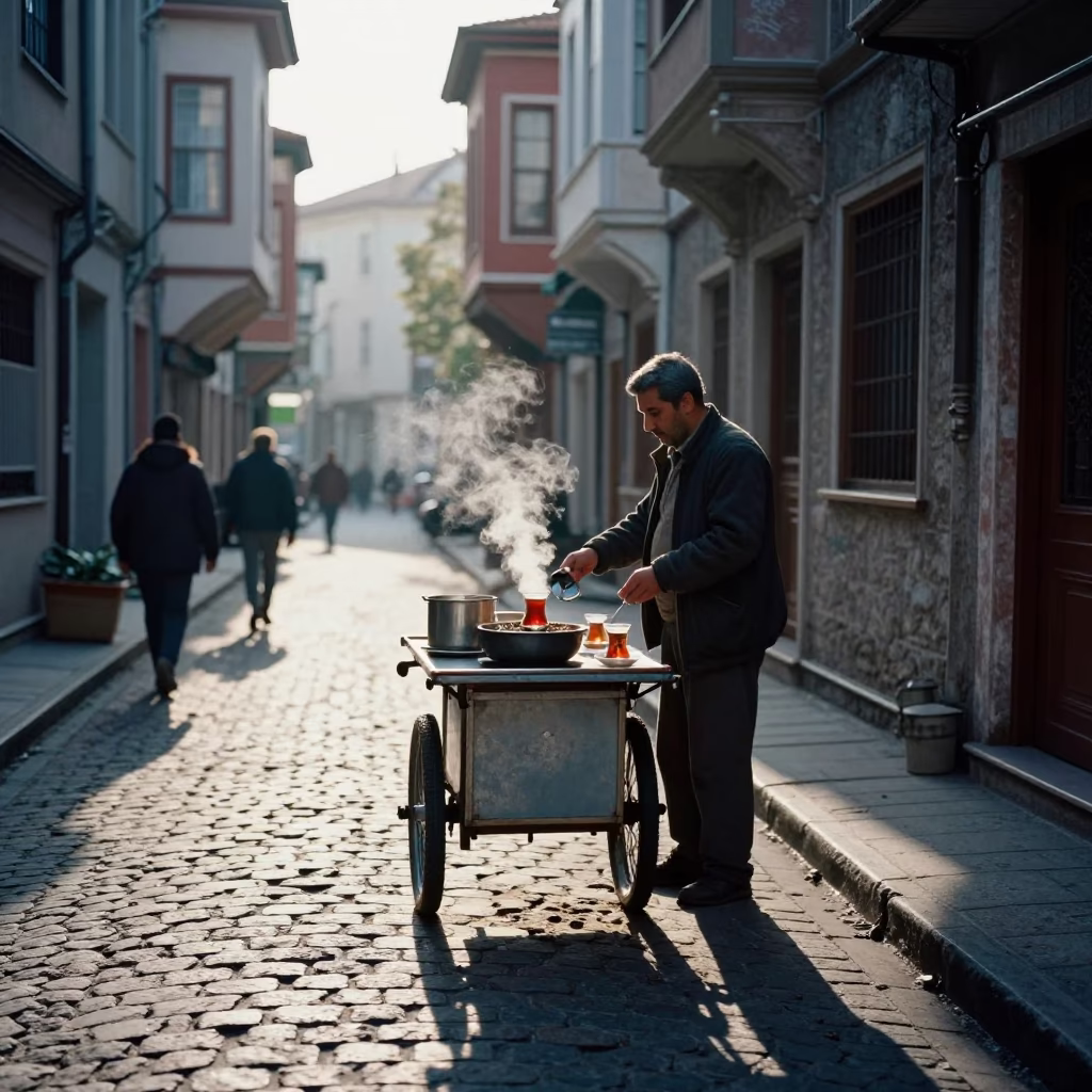 Istanbul Street Scene with Steaming Genmaicha Tea at First Light in in Istanbul, Turkey