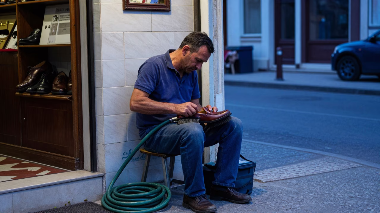 Istanbul street shoe shiner with brush and hose in twilight in in Istanbul, Turkey