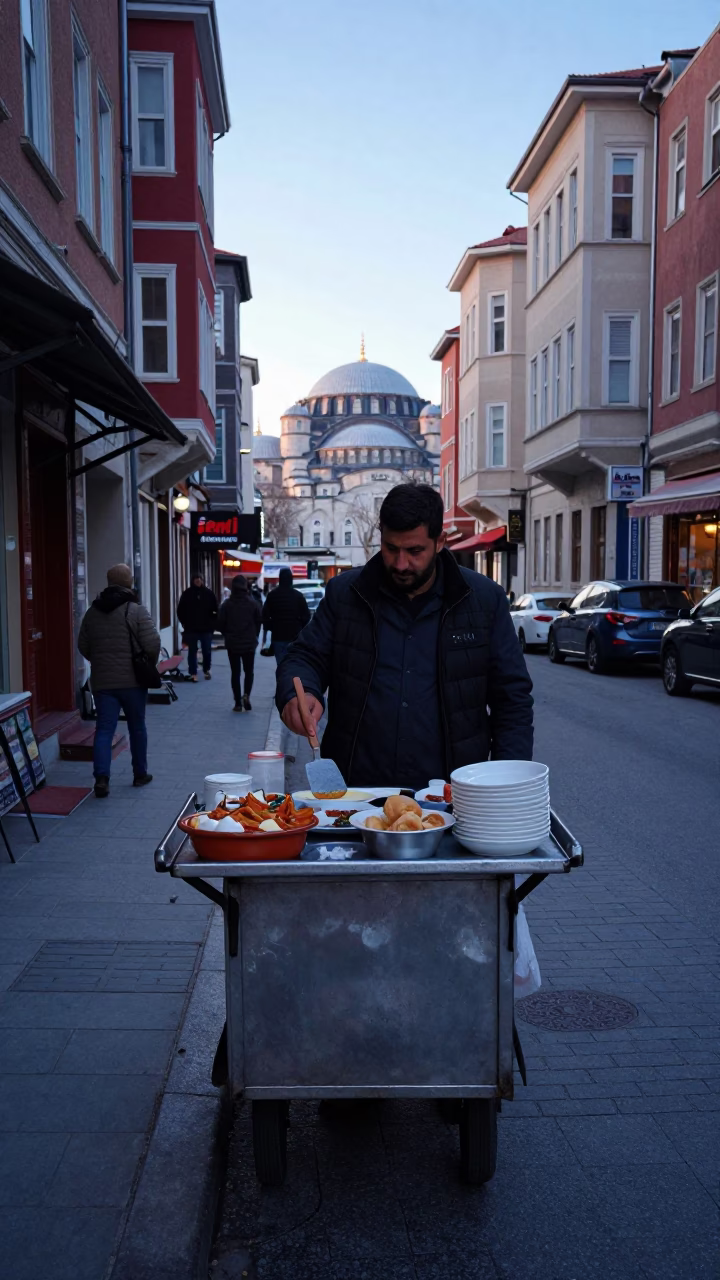 Istanbul Street Vendor Pre-Dawn Breakfast Setup with Spatula and Pita Bread in in Istanbul, Turkey