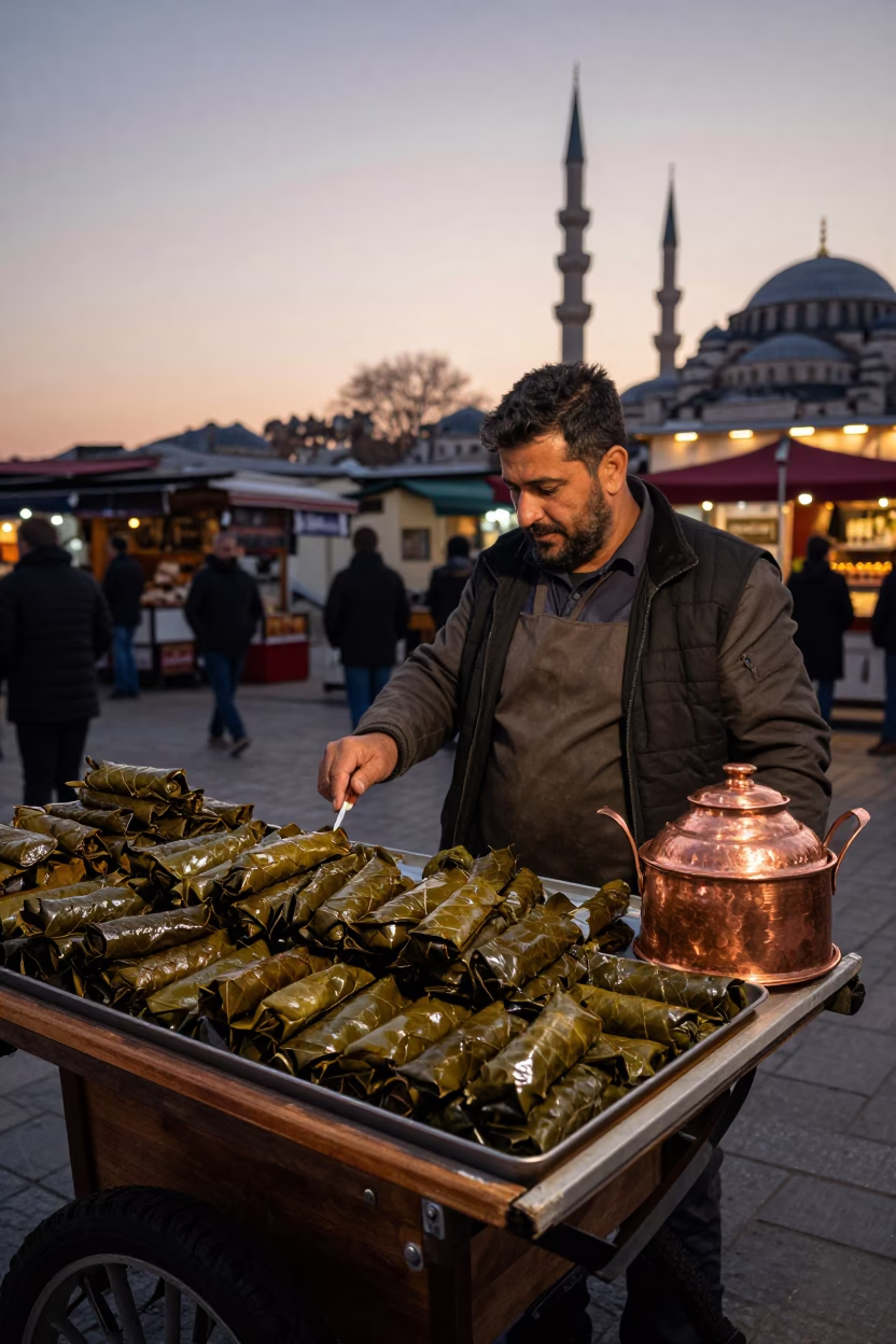 Istanbul Street Vendor Selling Grape Leaf Dolma in Copper Dusk Light in in Istanbul, Turkey