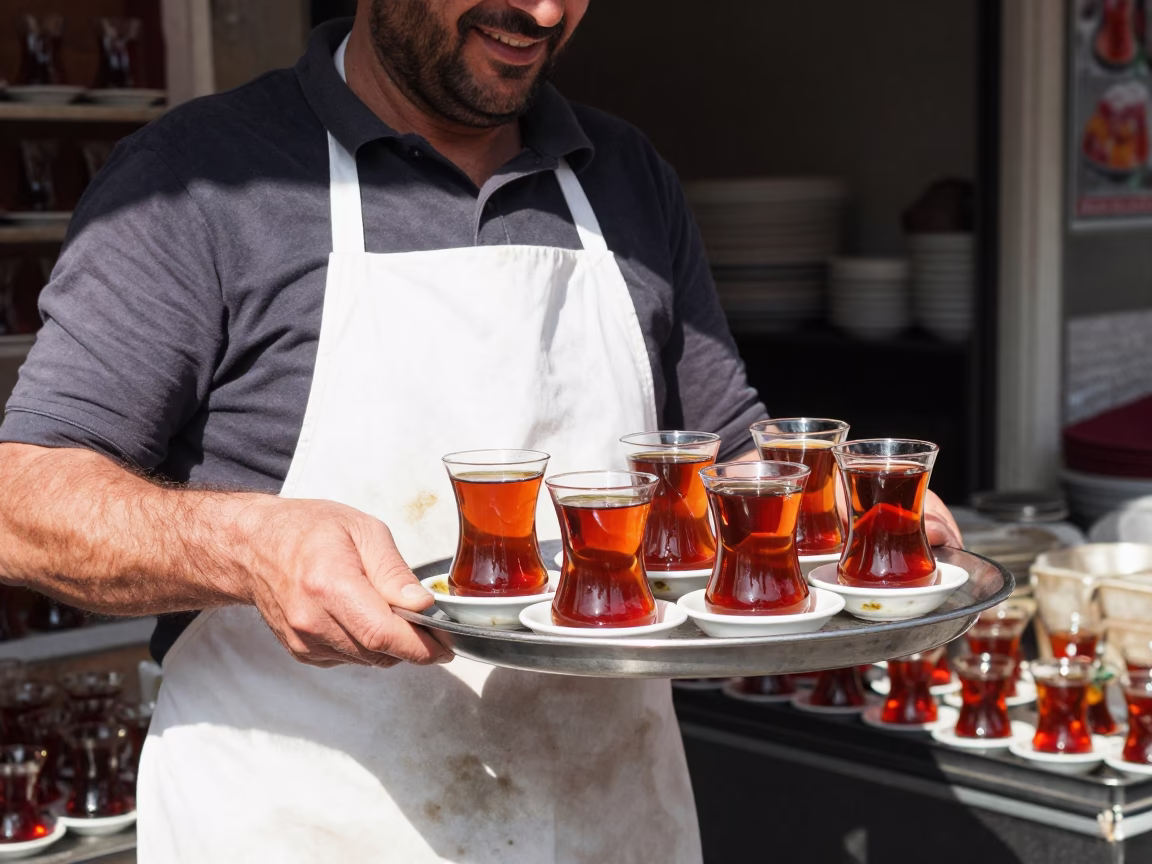 Istanbul street vendor serving hot tea with stained bowls under noon glare in in Istanbul, Turkey