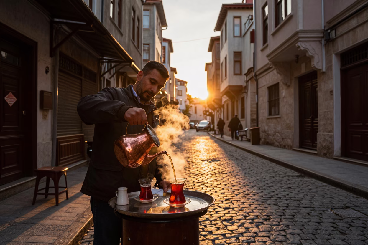 Istanbul Street Vendor Serving Tea with Condensation and Vintage Details at Sunset in in Istanbul, Turkey