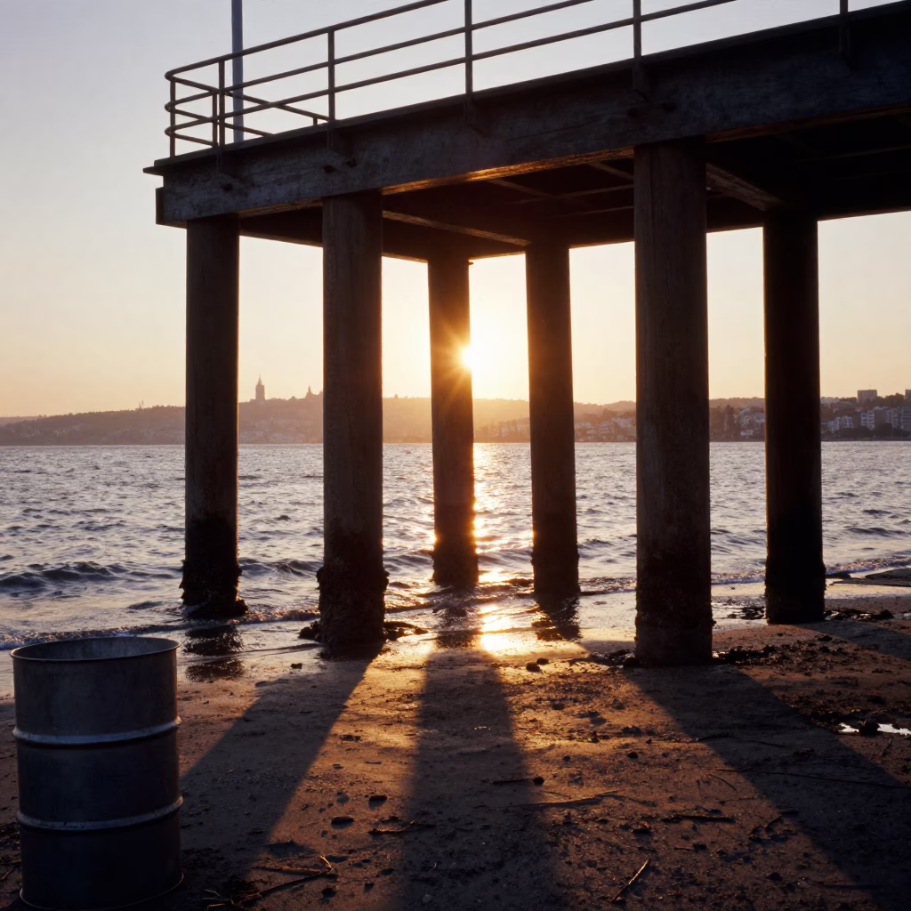 Istanbul Sunset Ferry Ramp Piling System and Metal Bucket Near Bosphorus in in Istanbul, Turkey