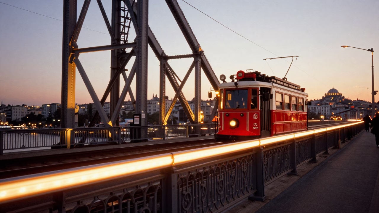 Istanbul Sunset Heritage Tram Crossing Golden Horn Bridge with Geometric Scaffold Shadows in in Istanbul, Turkey