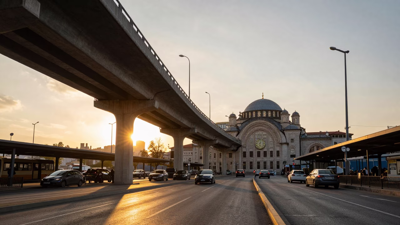 Istanbul Sunset Highway Flyover and Train Station Clock Under Iron Roof in in Istanbul, Turkey