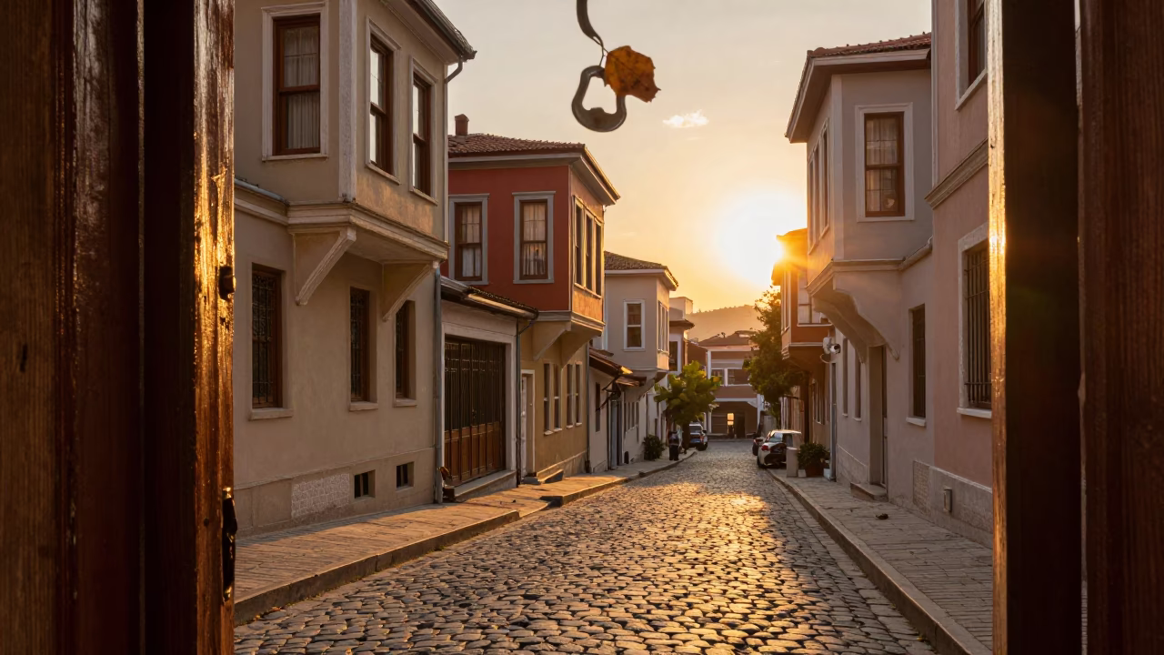 Istanbul Sunset Street Scene with Bottle Opener and Leaf Shadows on Doorframe in in Istanbul, Turkey