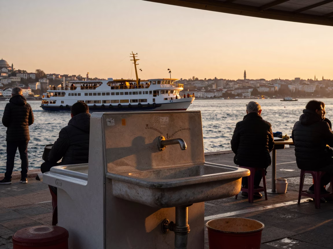 Istanbul Sunset Street Scene with Catamaran Ferry and Traditional Sink Detail in in Istanbul, Turkey