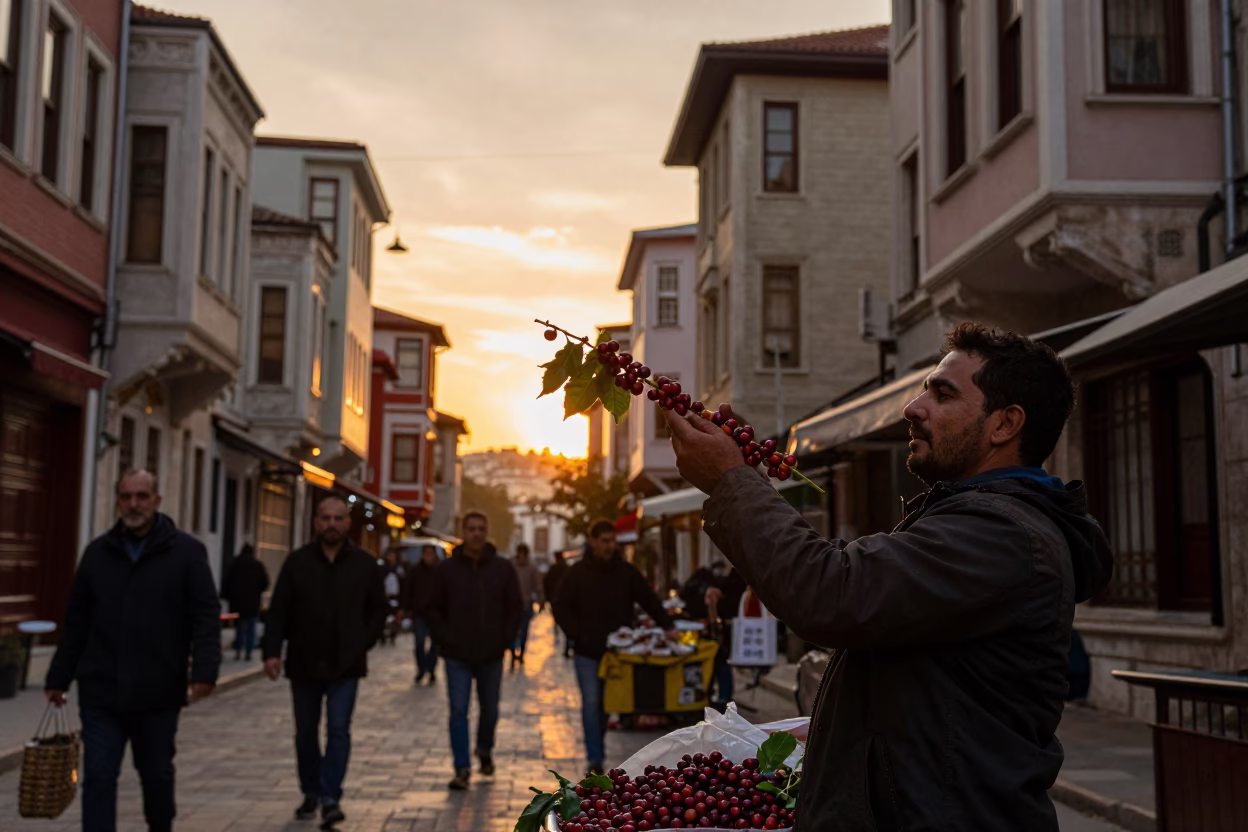 Istanbul Sunset Street Scene with Coffee Cherry Branch and Leather Basketball in in Istanbul, Turkey