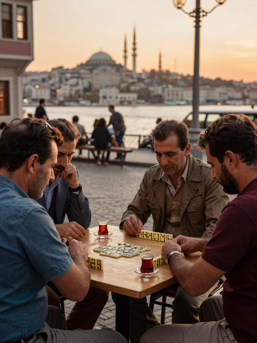 Istanbul Sunset Street Scene with Dominoes and Tea Glasses on Wooden Table in in Istanbul, Turkey