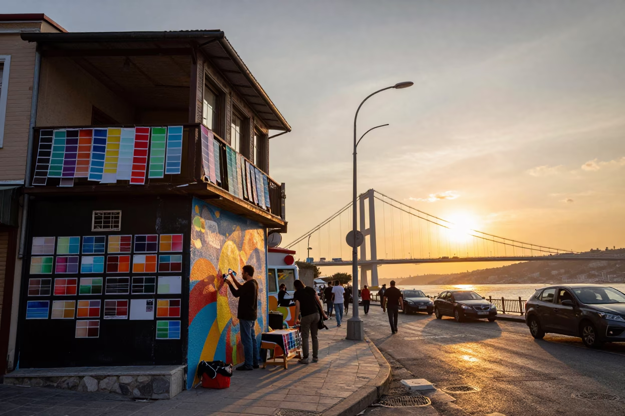 Istanbul Sunset Street Scene with Muralist Swatches and Bridge Water in in Istanbul, Turkey