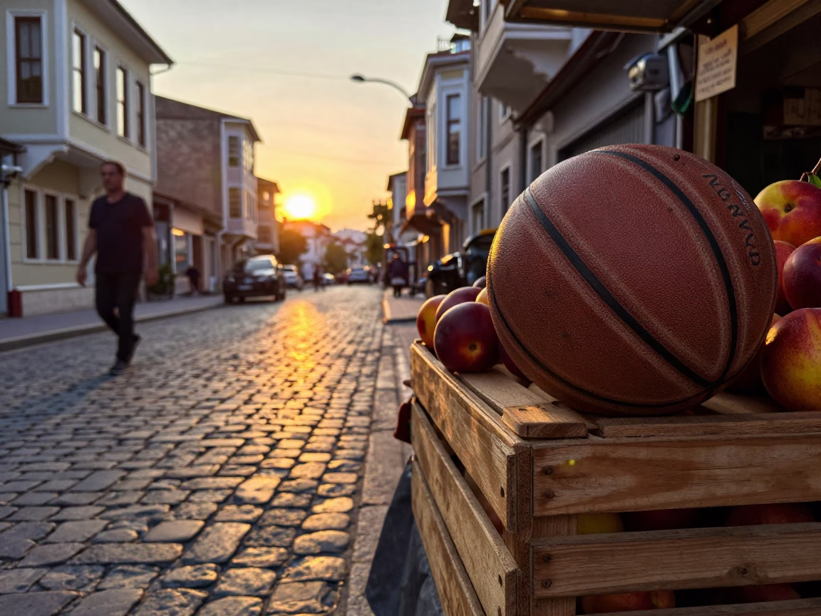 Istanbul Sunset Street Scene with Nectarines and Leather Ball on Cobblestone in in Istanbul, Turkey