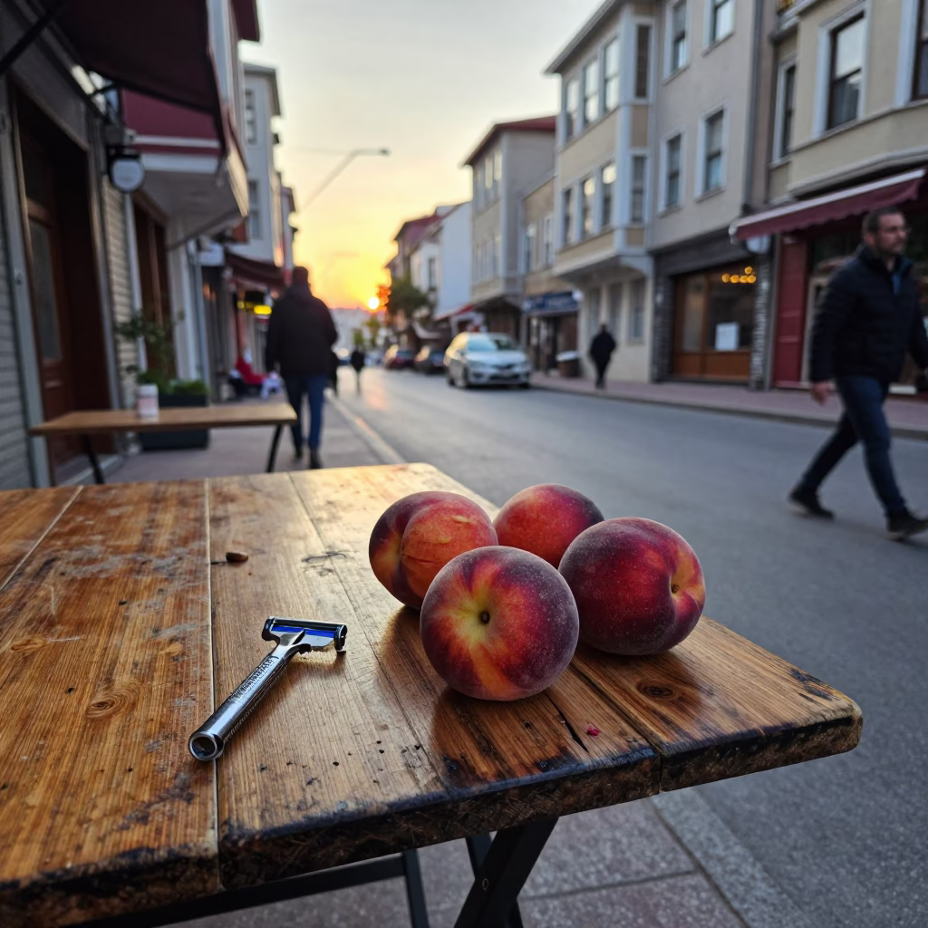 Istanbul Sunset Street Scene with Nectarines and Safety Razor on Wooden Table in in Istanbul, Turkey