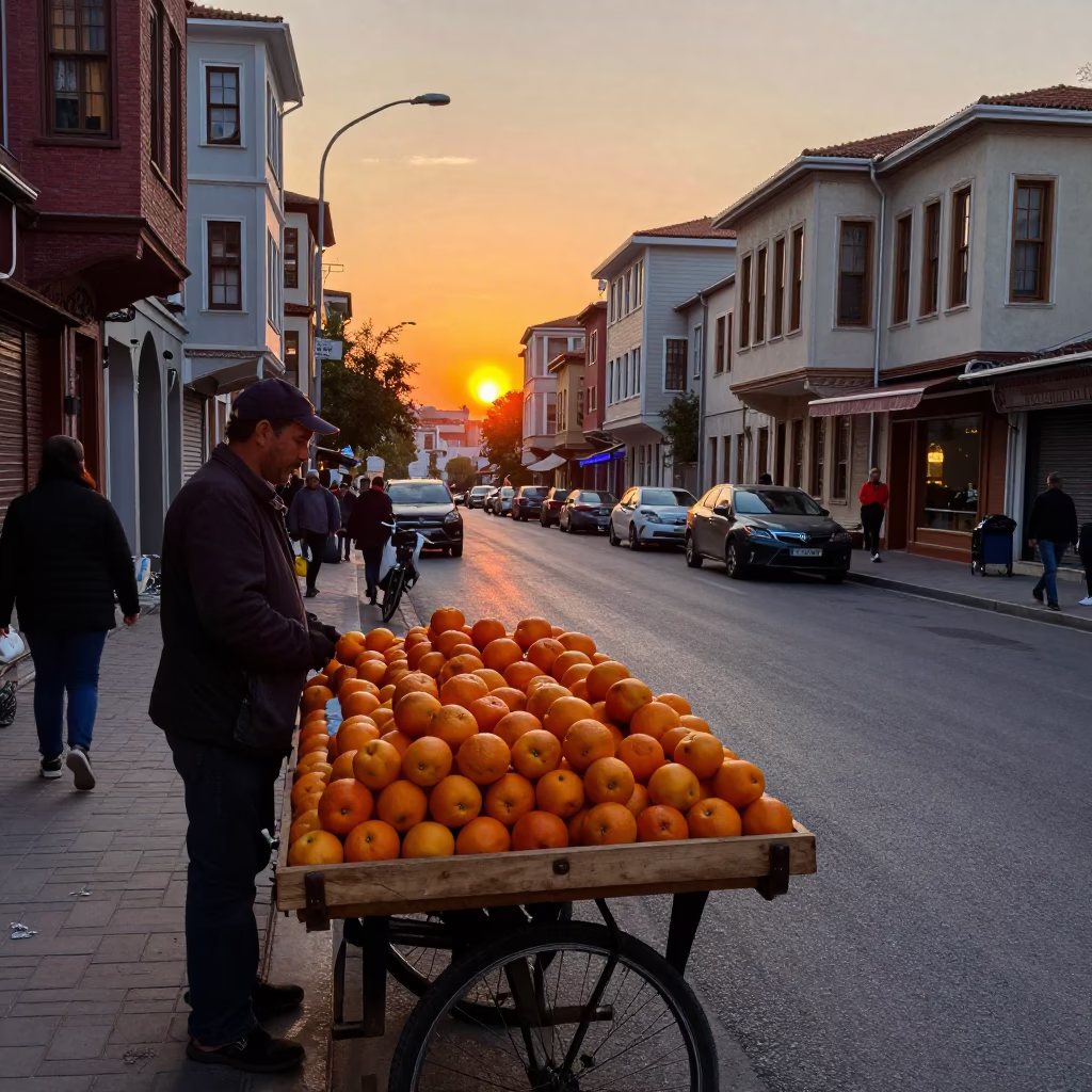 Istanbul Sunset Street Scene with Nectarines and Vintage Bicycle in in Istanbul, Turkey