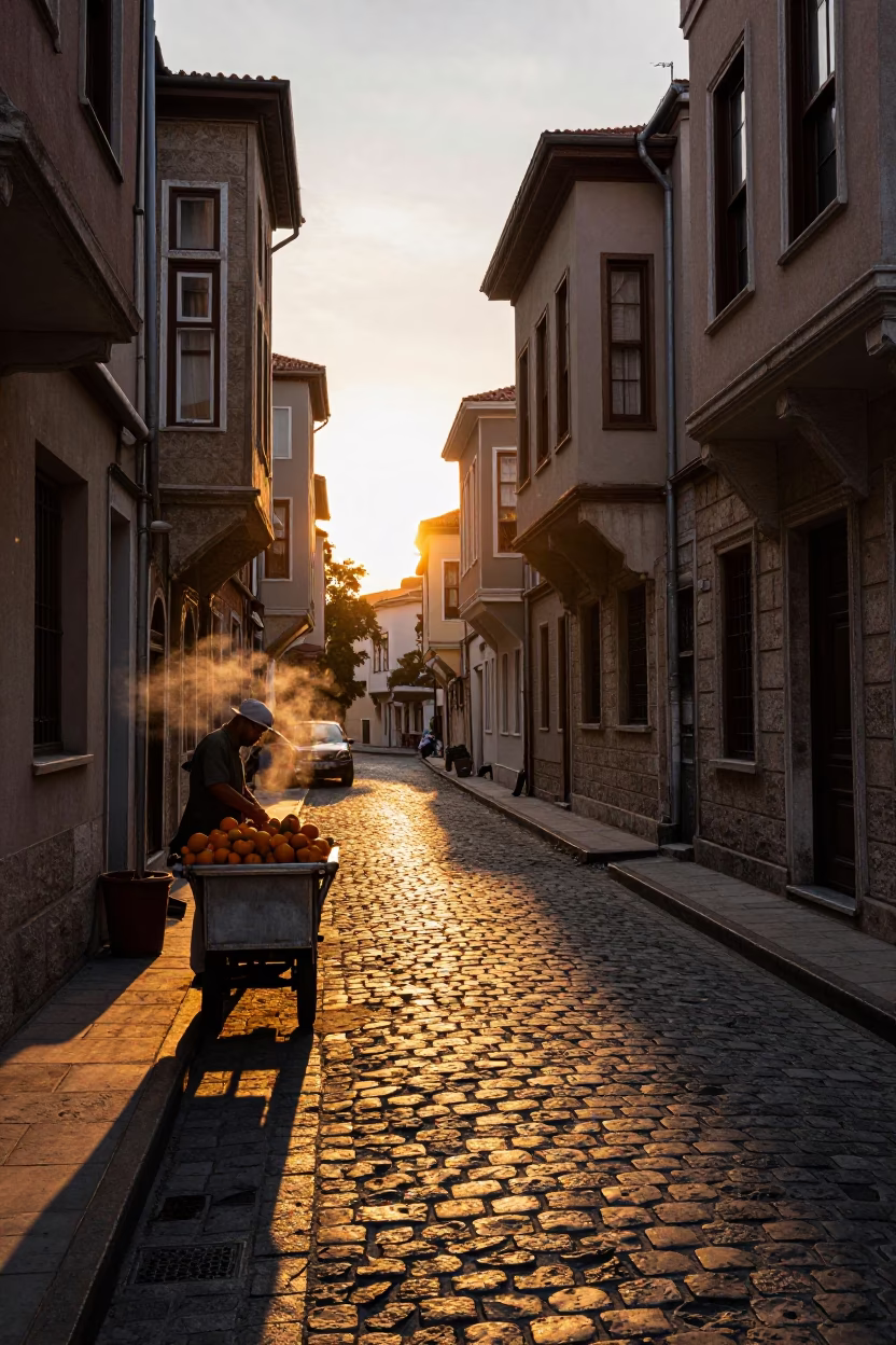 Istanbul Sunset Street Scene with Oranges and Condensation on Fabric Seam in in Istanbul, Turkey