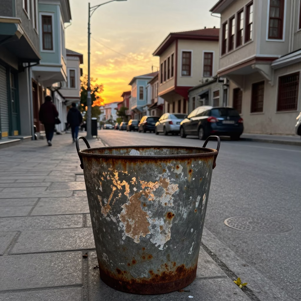 Istanbul Sunset Street Scene with Scrap Basket and Traditional Architecture in in Istanbul, Turkey