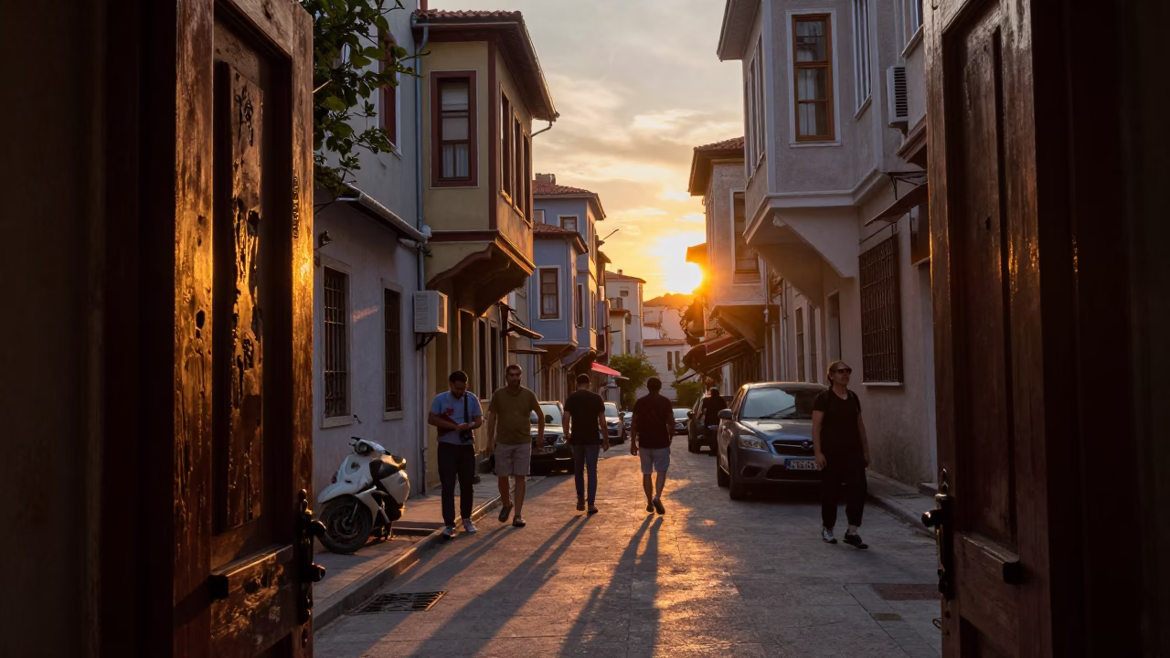 Istanbul Sunset Street Scene with Scratched Doorframe and Local Life in in Istanbul, Turkey