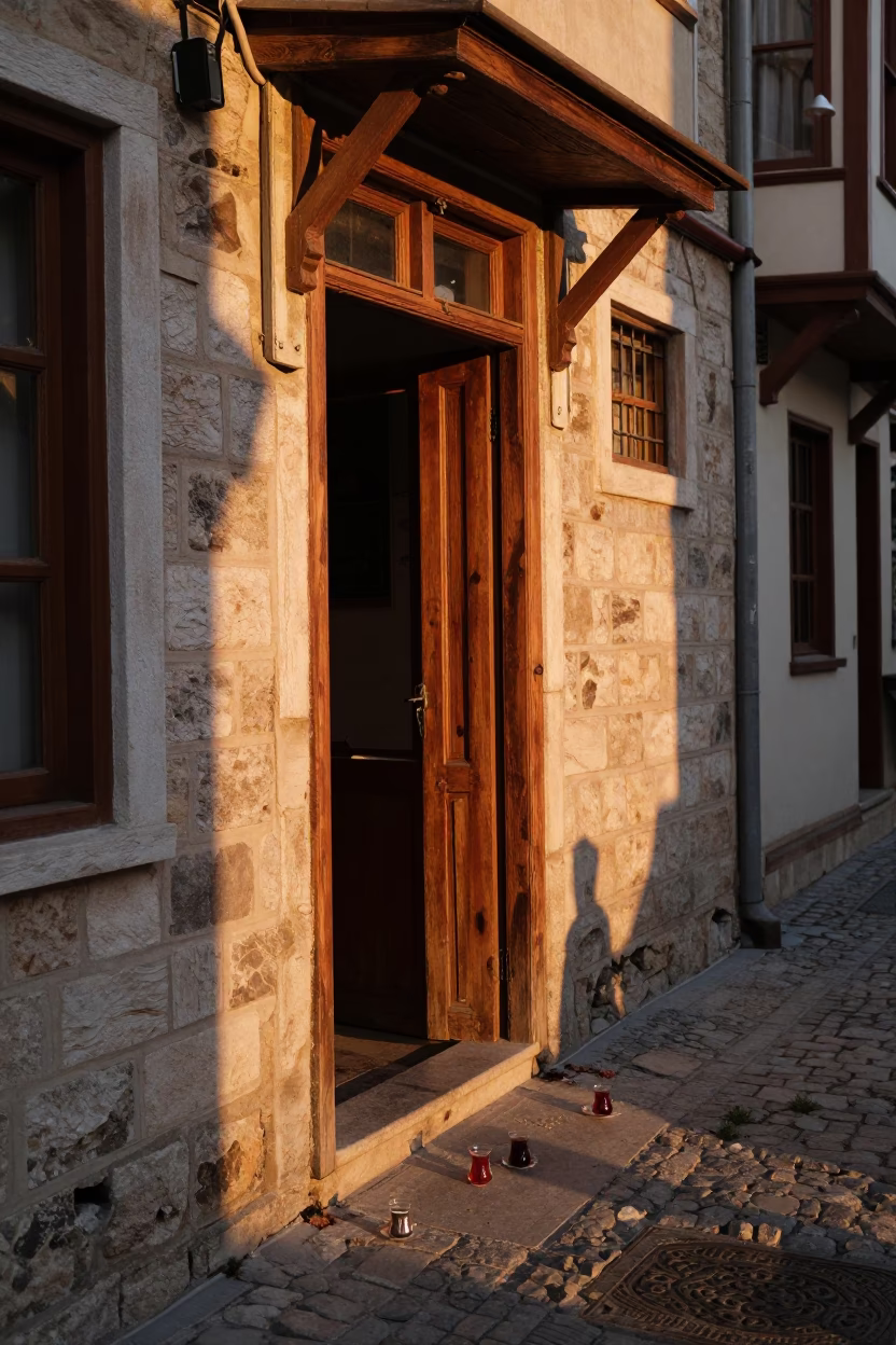Istanbul Sunset Street Scene with Traditional Tea Glasses and Weathered Doorframe Details in in Istanbul, Turkey