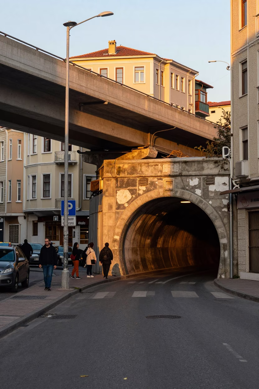 Istanbul Sunset Street Scene with Tunnel Portal and Urban Details in in Istanbul, Turkey