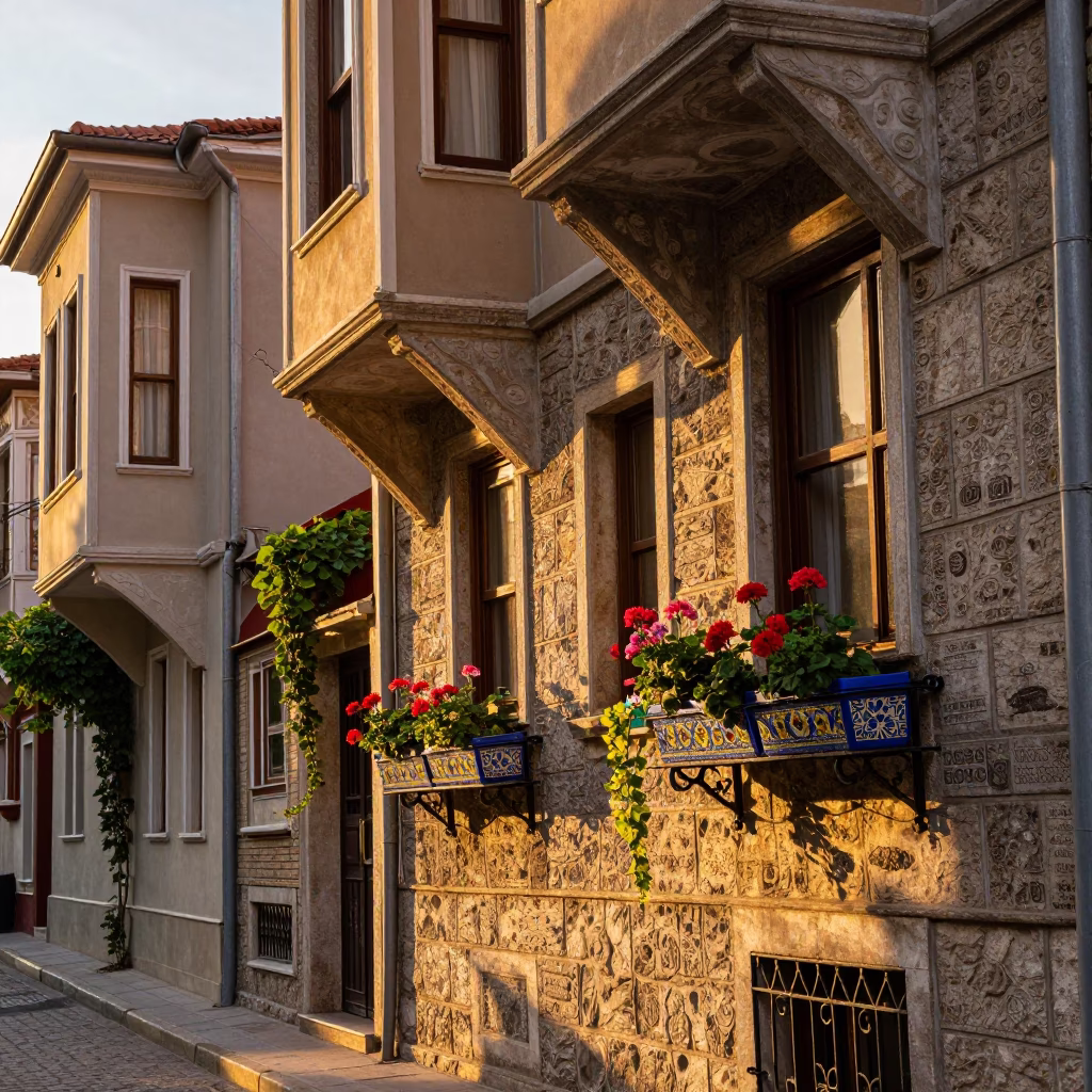 Istanbul Sunset Street Scene with Window Boxes and Vintage Basket Tray in in Istanbul, Turkey