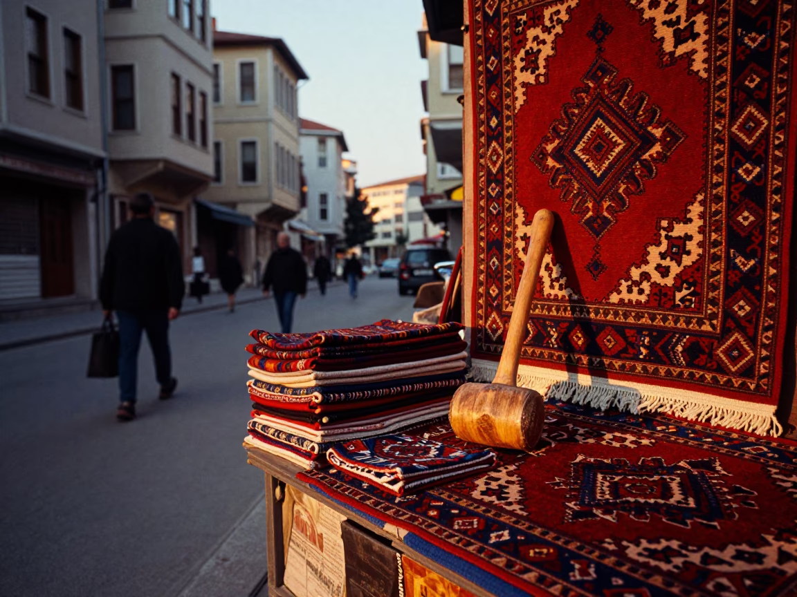 Istanbul Sunset Street Scene with Wooden Mallet and Patterned Rug in in Istanbul, Turkey
