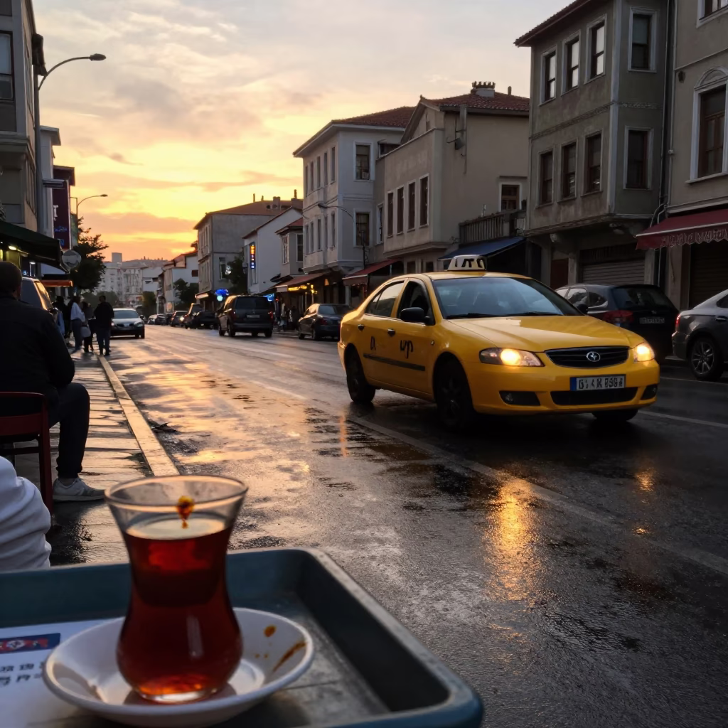 Istanbul Sunset Street Scene with Yellow Taxi and Traditional Tea Culture in in Istanbul, Turkey