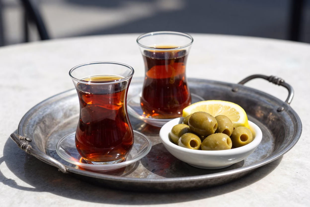 Istanbul Tea Tray and Olive Dish in Bright Midmorning Light in in Istanbul, Turkey