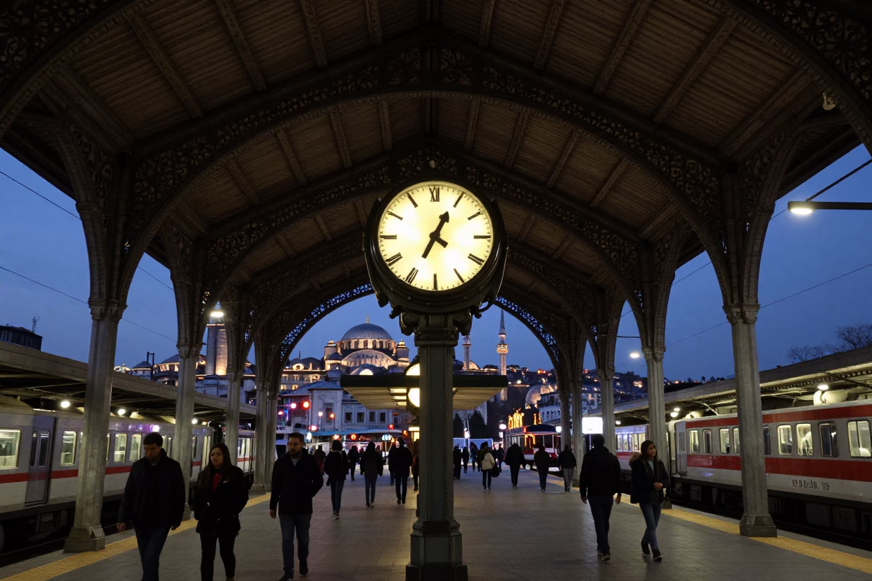 Istanbul Train Station Clock Under Iron Roof at Dusk with Glass Bottles in in Istanbul, Turkey