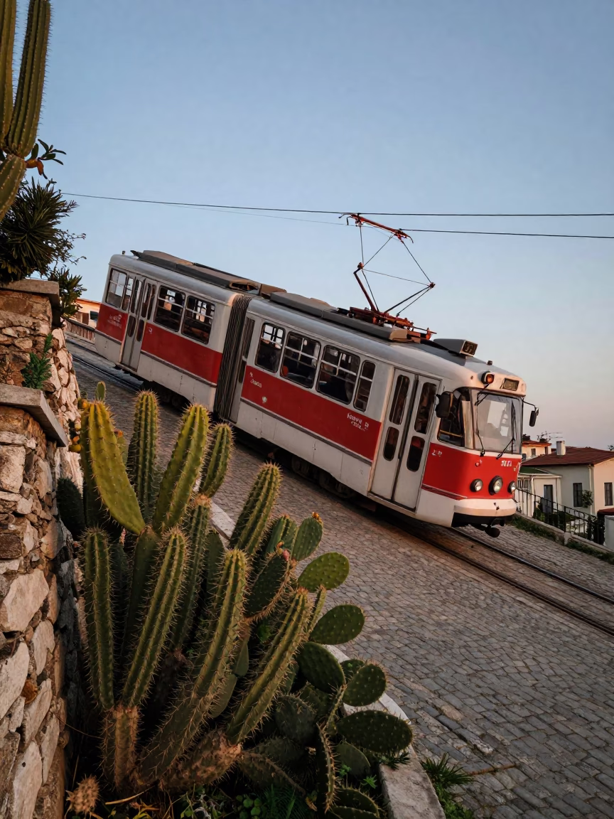 Istanbul Tram Climbing Steep Hill Past Prickly Pear Cactus with Red Fruit in in Istanbul, Turkey