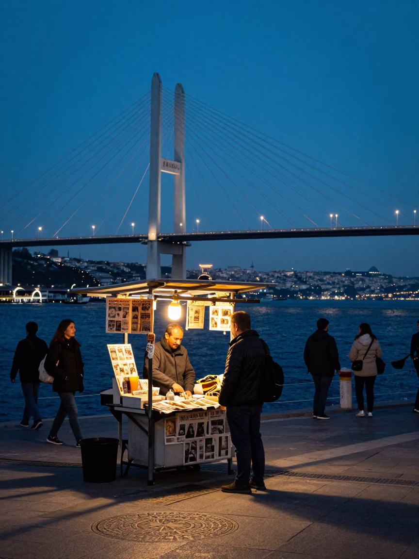 Istanbul Turkey Blue Hour Street Scene with Cable Bridge and Newspaper Vendor in in Istanbul, Turkey