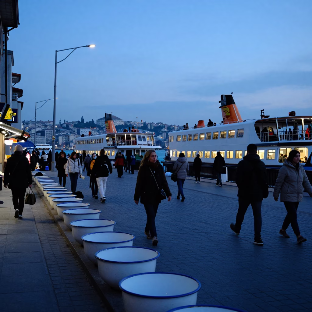Istanbul Turkey Blue Hour Street Scene with Enamel Bowls and Ferry Ramps in in Istanbul, Turkey