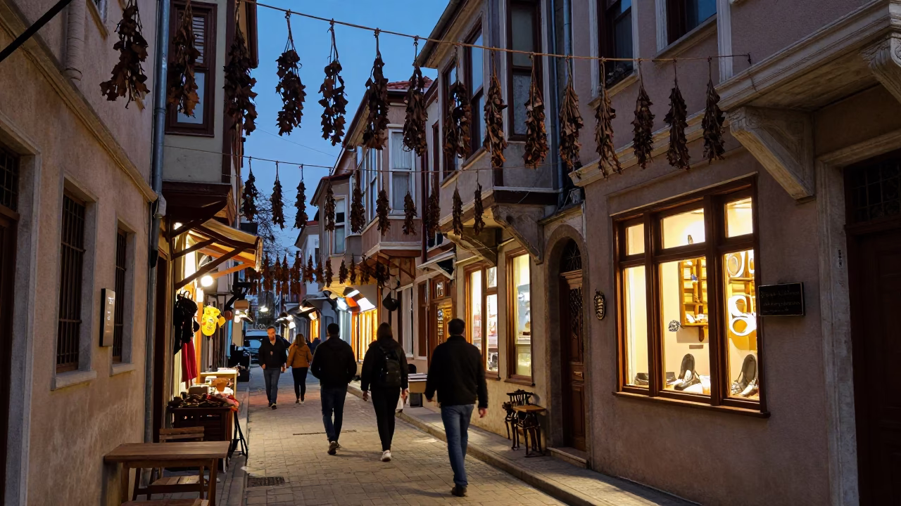 Istanbul Turkey Blue Hour Street Scene with Hanging Dried Vine Clusters and Traditional Pot in in Istanbul, Turkey
