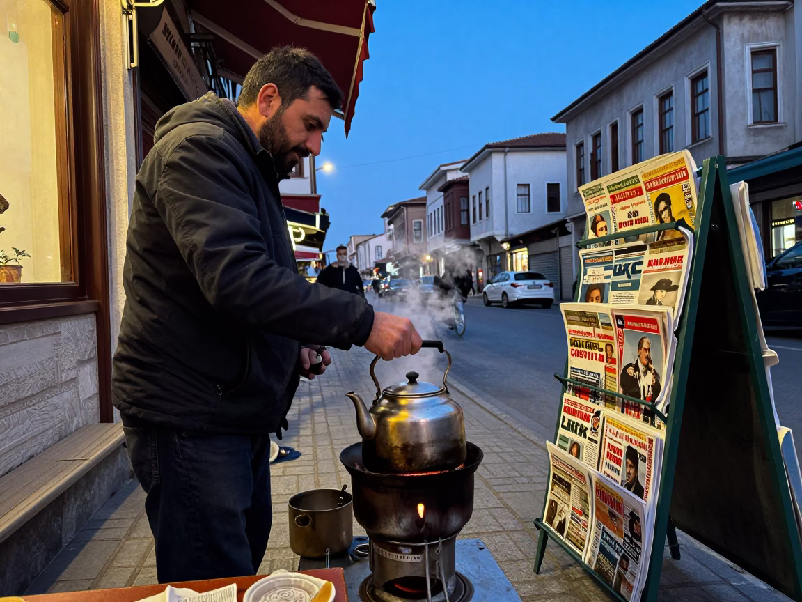 Istanbul Turkey Blue Hour Street Scene with Kettle and Magazine Rack in in Istanbul, Turkey