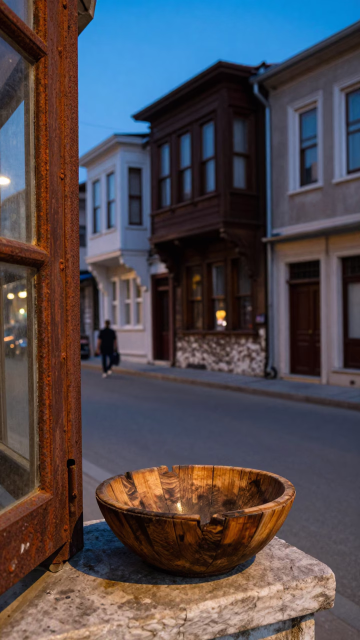 Istanbul Turkey Blue Hour Street Scene with Rusty Window Frame and Wooden Bowl in in Istanbul, Turkey