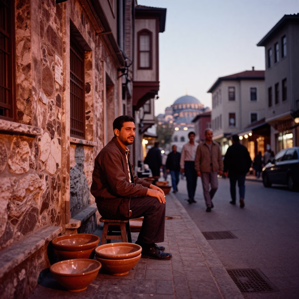Istanbul Turkey copper dusk street scene with ceramic bowl and terracotta dish in in Istanbul, Turkey