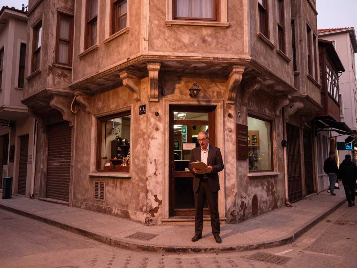 Istanbul Turkey Copper Dusk Street Scene with Clipboard and Dusty Window in in Istanbul, Turkey