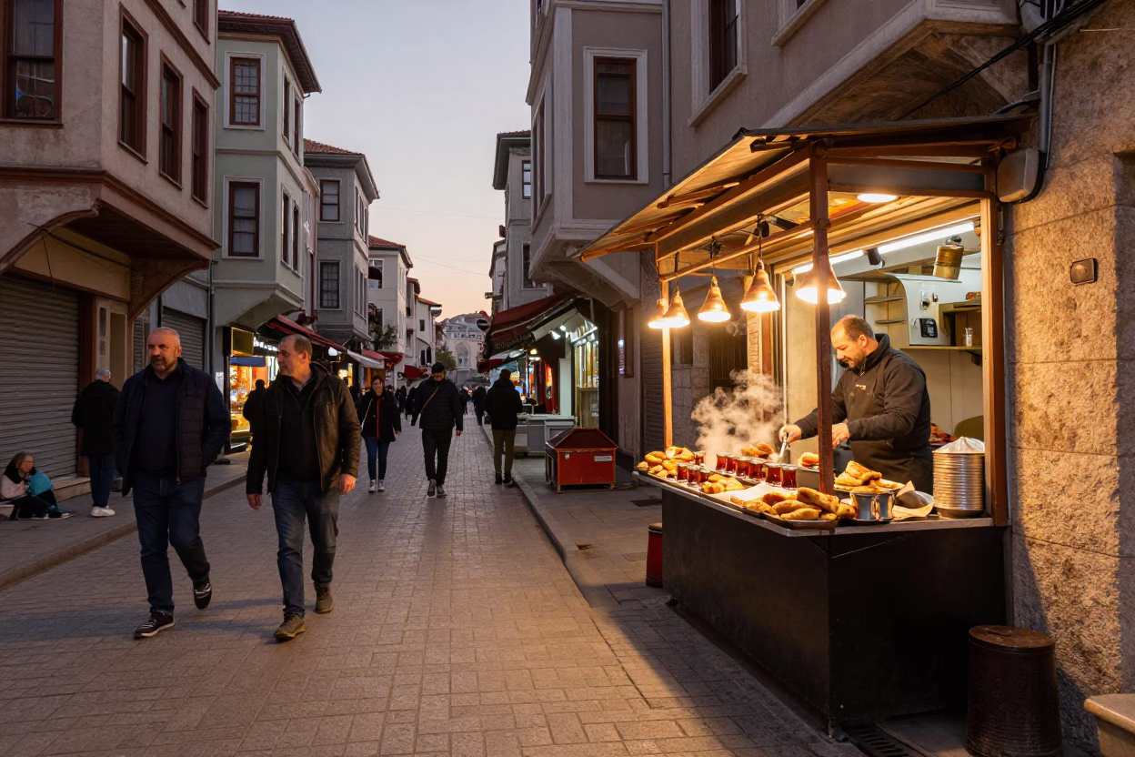 Istanbul Turkey Copper Dusk Street Scene with Food Vendor and Historic Architecture in in Istanbul, Turkey