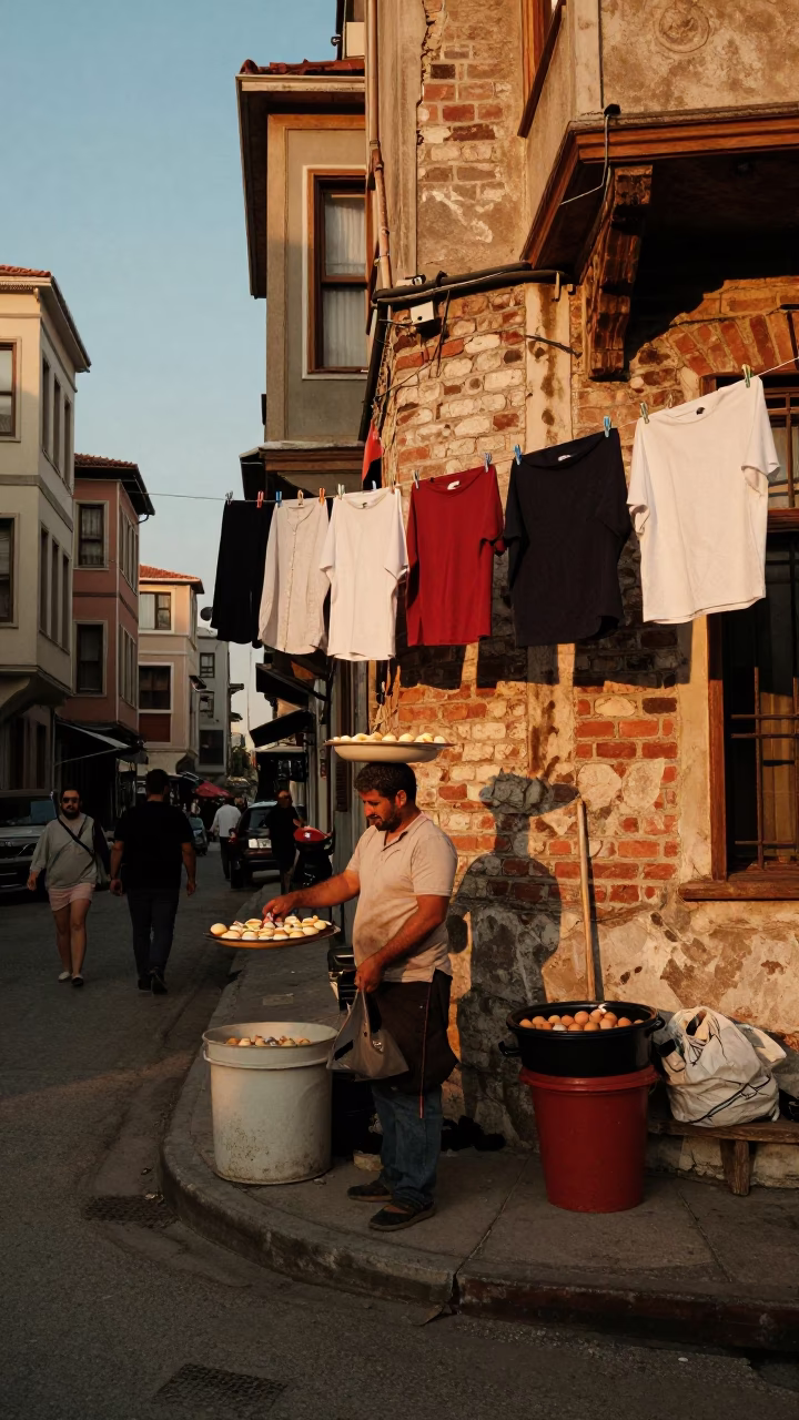 Istanbul Turkey Copper Dusk Street Scene with Laundry Pins and Linen Fringe in in Istanbul, Turkey