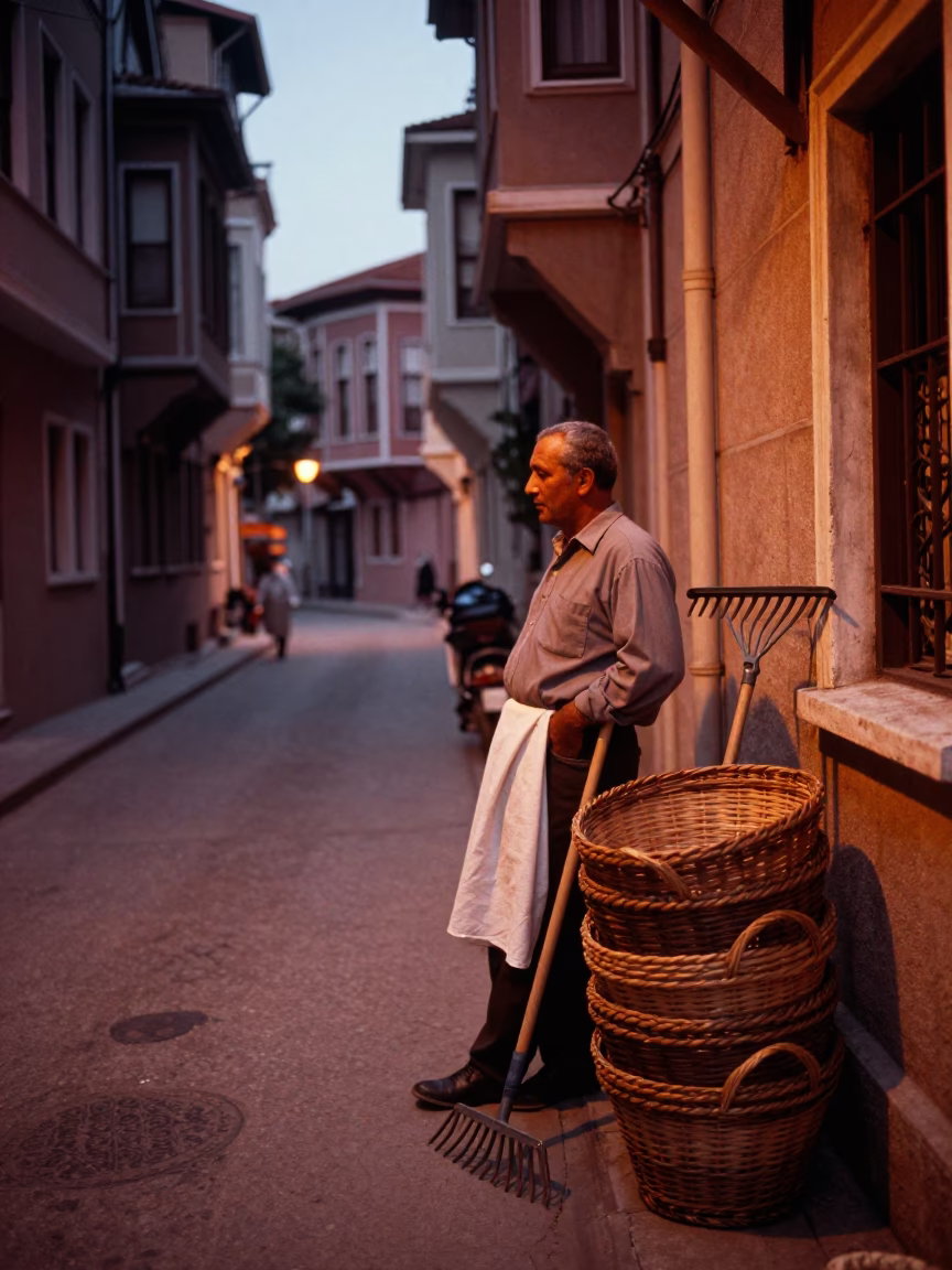 Istanbul Turkey Copper Dusk Street Scene with Rake and Linen Fringe in in Istanbul, Turkey