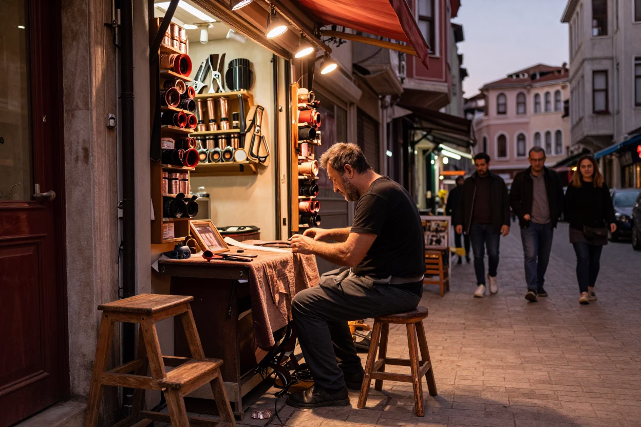 Istanbul Turkey Copper Dusk Street Scene with Tailor Shears and Step Stools in in Istanbul, Turkey
