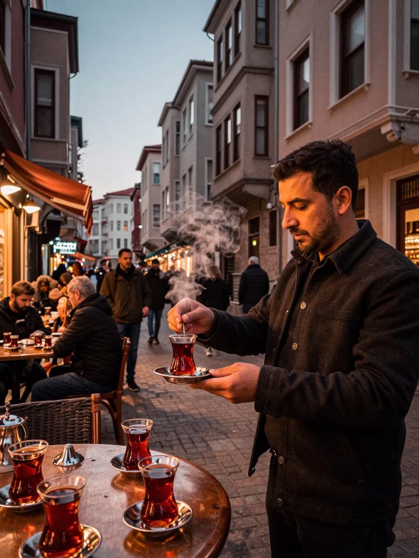 Istanbul Turkey Copper Dusk Street Scene with Traditional Tea and Construction in in Istanbul, Turkey