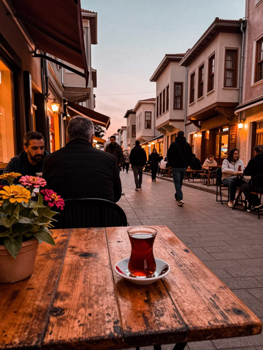 Istanbul Turkey Copper Dusk Street Scene with Zinnias and Traditional Tea Service in in Istanbul, Turkey