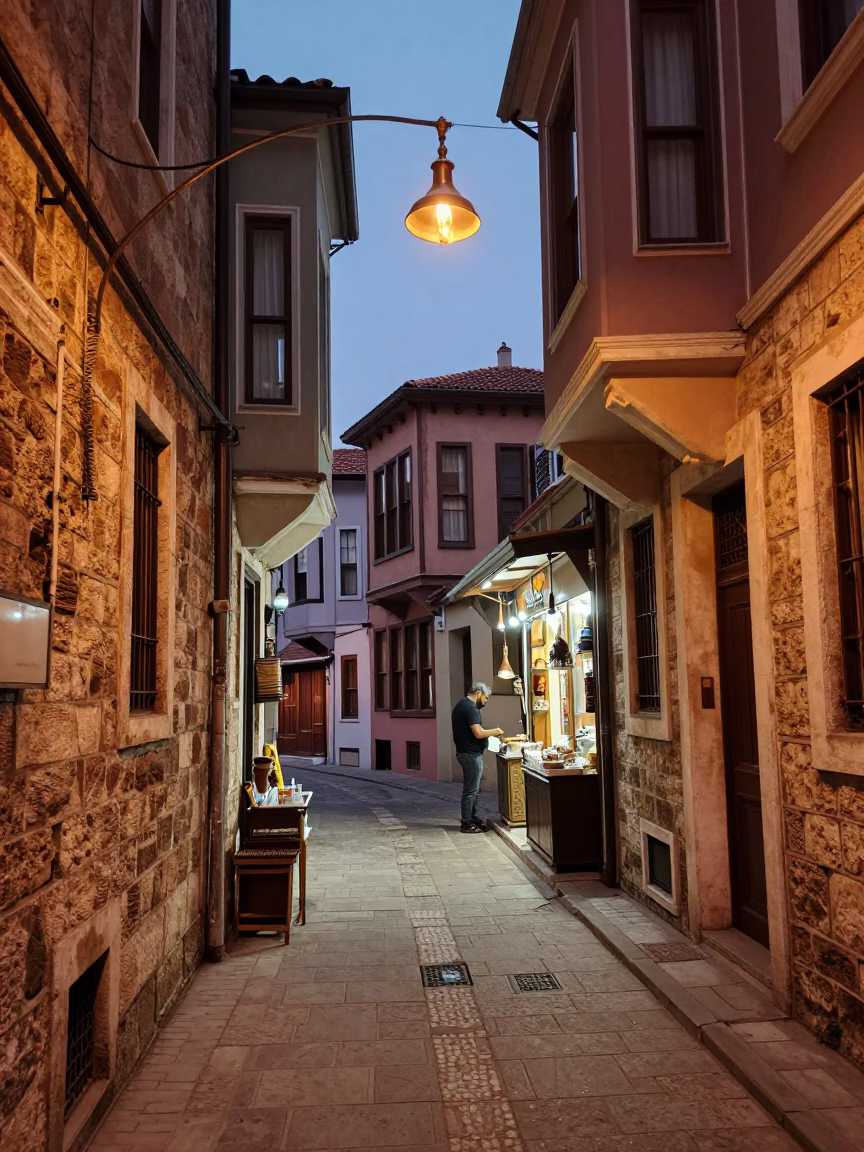 Istanbul Turkey copper-toned dusk street scene with brass fixtures and door latch in in Istanbul, Turkey